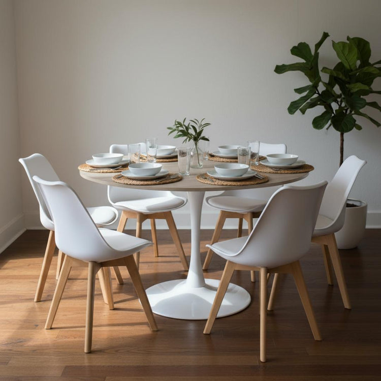 Comedor Mesa Tulip 120 cm (Cubierta Efecto Madera) + 6 Sillas Tulip Blanco