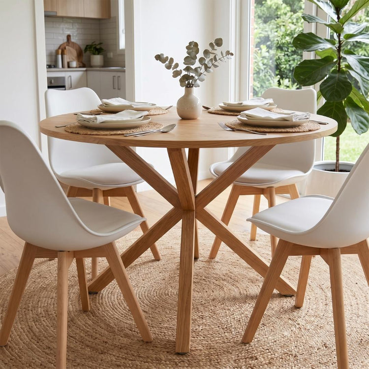 Comedor Mesa Redonda Equiz Wood 100cm | Base X + 4 Sillas Tulip Blancas