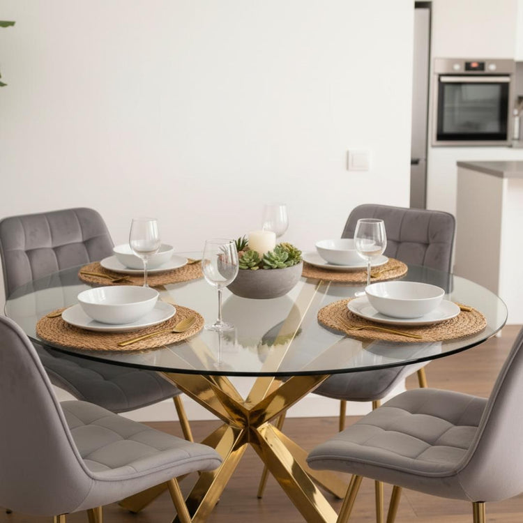 Comedor Mesa Equiz 100cm (Patas X Dorada) + 4 Sillas Kena Gris (Pata dorada)