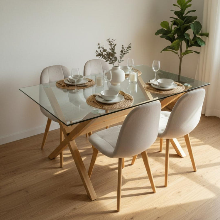 Comedor Mesa Xinia 130x80 + 4 Sillas Vorak Velvet Beige