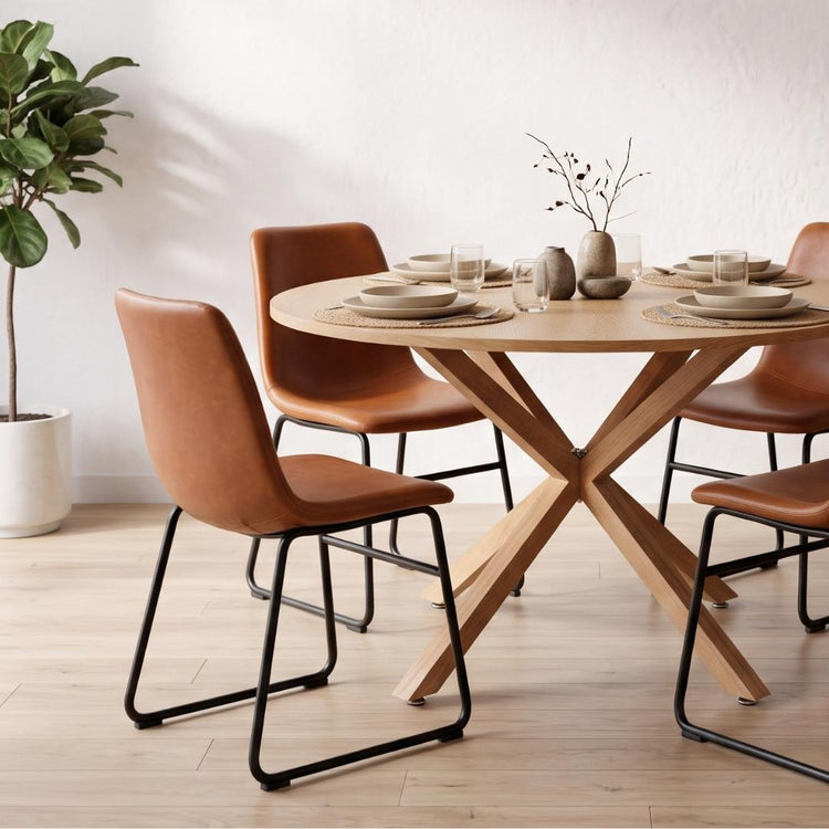 Comedor Mesa Redonda Equiz Wood 100cm | Base X + 4 Sillas Toscana