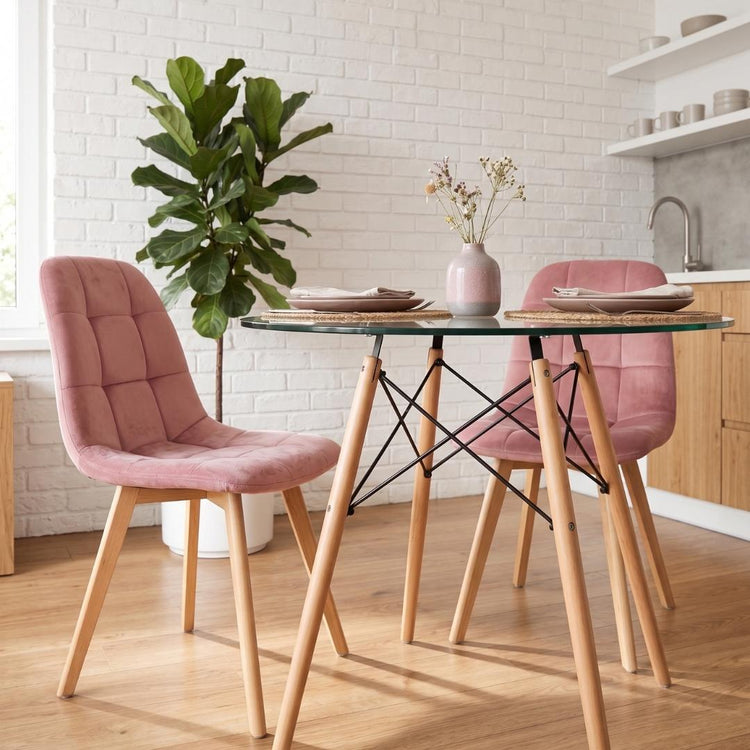 Comedor Mesa Redonda Elida 80cm + 2 Sillón Vorak Velvet Rosada
