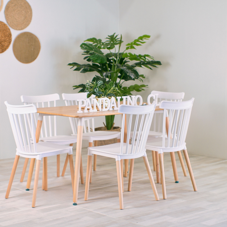 Comedor Mesa Álamo + 6 Sillas Windsor Blancas