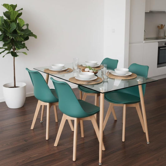 Comedor Mesa Vidrio 120x80 + 4 Sillas Tulip Verde Esmeralda
