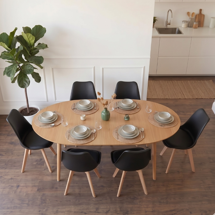 Comedor Extensible Bayona Wood 100-180cm + 4 Sillas Tulip Negro