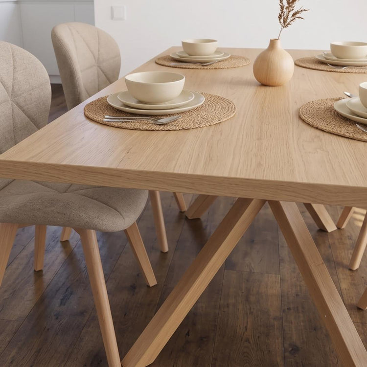 Comedor Mesa Greta Wood 140x90 + 4 Sillón Rubik Lino Beige