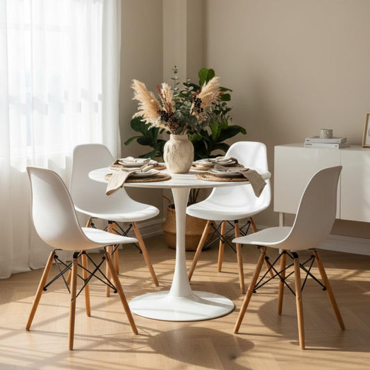 Comedor Mesa Tulip Blanco 80 cm + 4 Sillas Eames Blanco