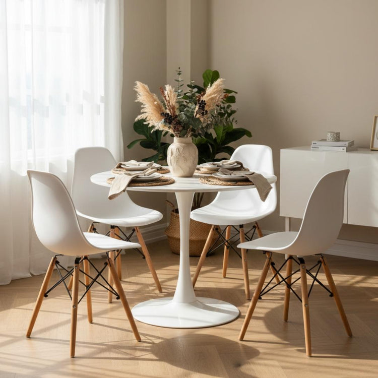 Comedor Mesa Tulip Blanco 80 cm + 4 Sillas Eames Blanco
