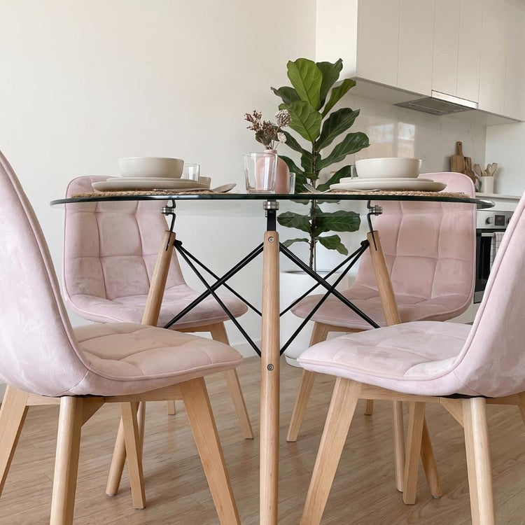 Comedor Mesa Redonda Elida 100cm + 4 Sillón Vorak Velvet Rosada