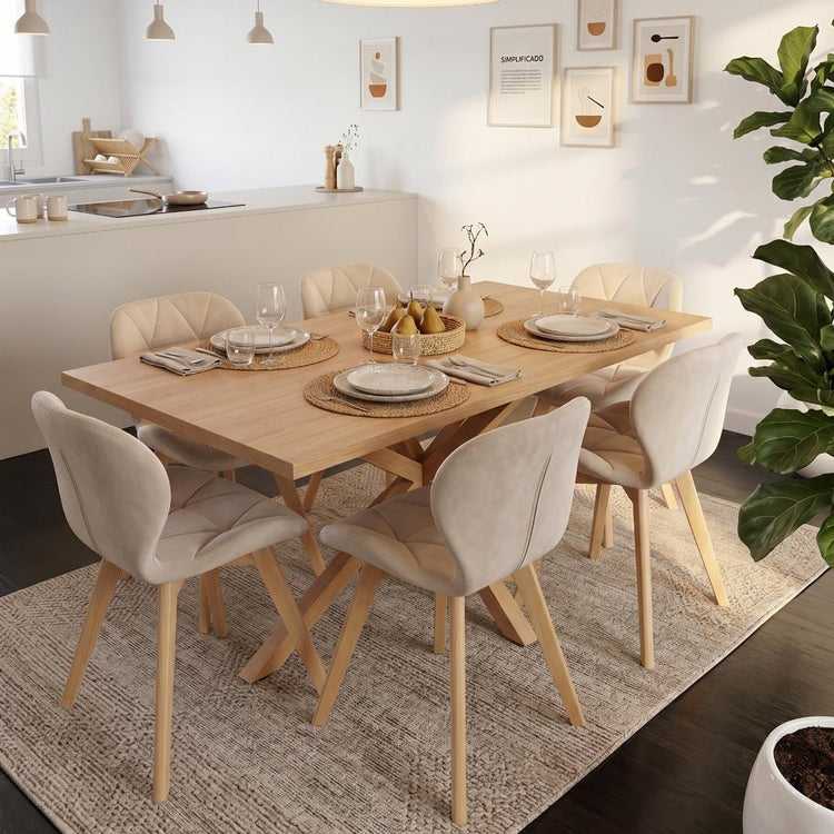Comedor Mesa Greta Wood 160x90 + 6 Sillón Rubik Velvet Beige