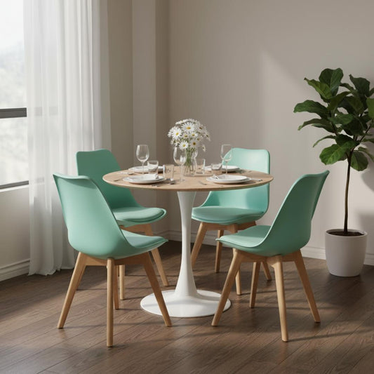 Comedor Mesa Tulip 80 cm (Cubierta Efecto Madera) + 4 Sillas Tulip Menta