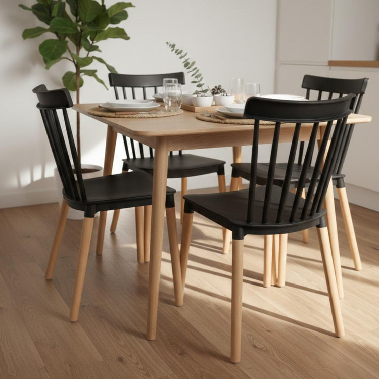 Comedor Mesa Cosmo Natural 70x70 cm + 4 Sillas Windsor Negro