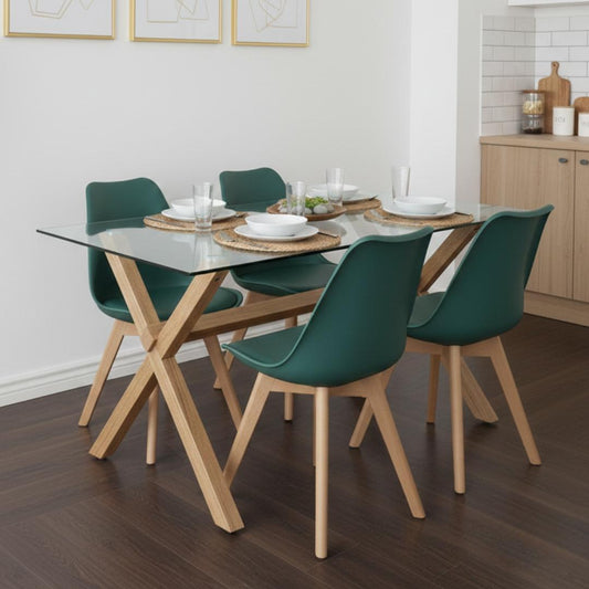 Comedor Moderno Mesa Xinia 130X80 + 4 Sillas Tulip Verde Esmeralda