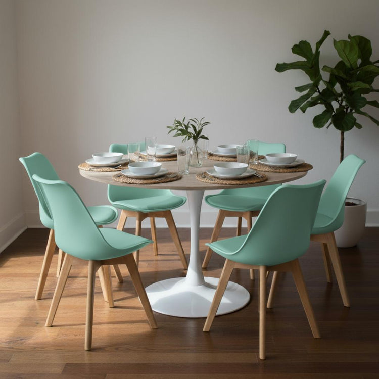 Comedor Mesa Tulip 120 cm (Cubierta Efecto Madera) + 6 Sillas Tulip Menta