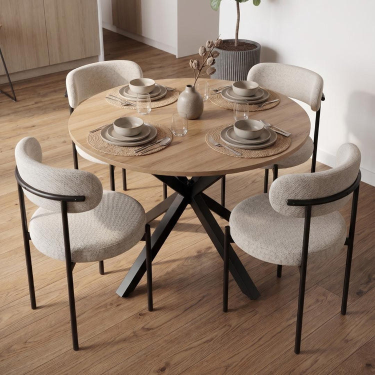 Comedor Mesa Redonda Equiz 100cm Madera | Base X Negro + 4 Sillas Makena Beige