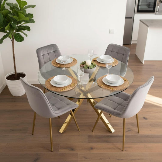Comedor Mesa Equiz 100cm (Patas X Dorada) + 4 Sillas Kena Gris (Pata dorada)
