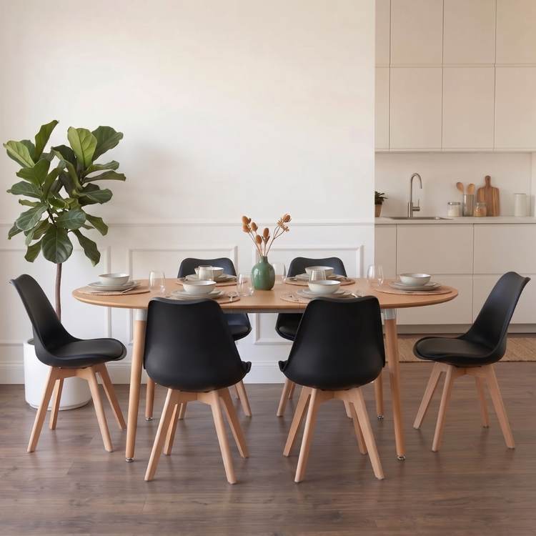 Comedor Extensible Bayona Wood 100-180cm + 4 Sillas Tulip Negro
