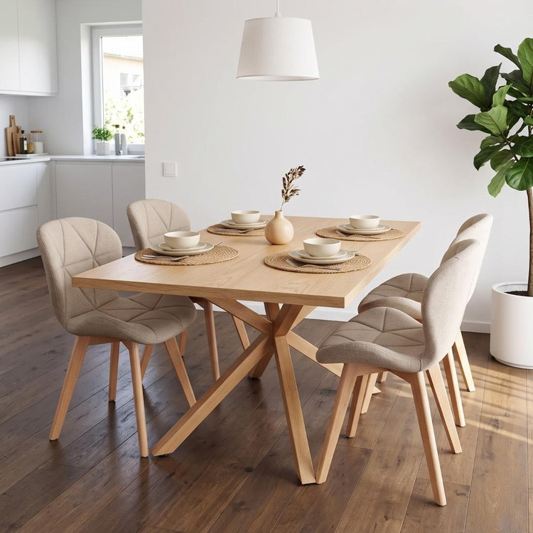 Comedor Mesa Greta Wood 140x90 + 4 Sillón Rubik Lino Beige
