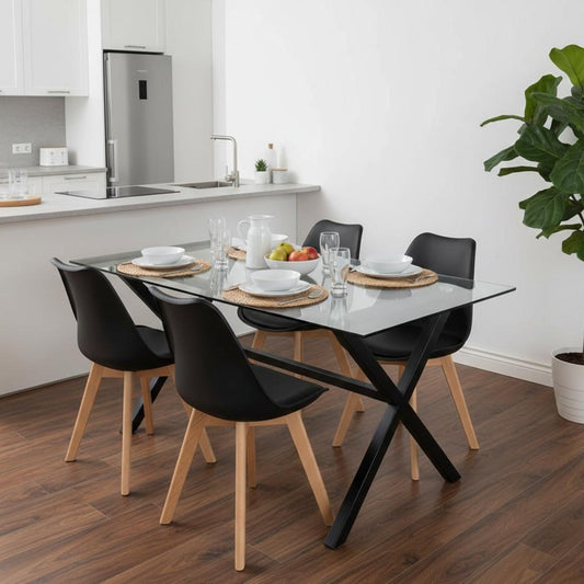 Comedor Mesa Xinia Negro 130x80 cm + 4 Sillas Tulip Negro