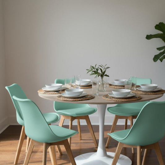 Comedor Mesa Tulip 120 cm (Cubierta Efecto Madera) + 6 Sillas Tulip Menta