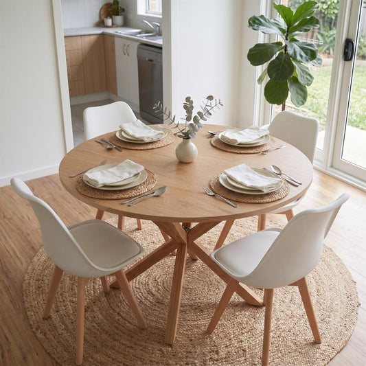 Comedor Mesa Redonda Equiz Wood 100cm | Base X + 4 Sillas Tulip Blancas