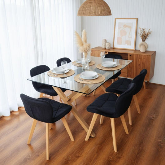 Comedor Moderno Mesa Xinia 140x90 + 6 Sillones Rubik Velvet Negro