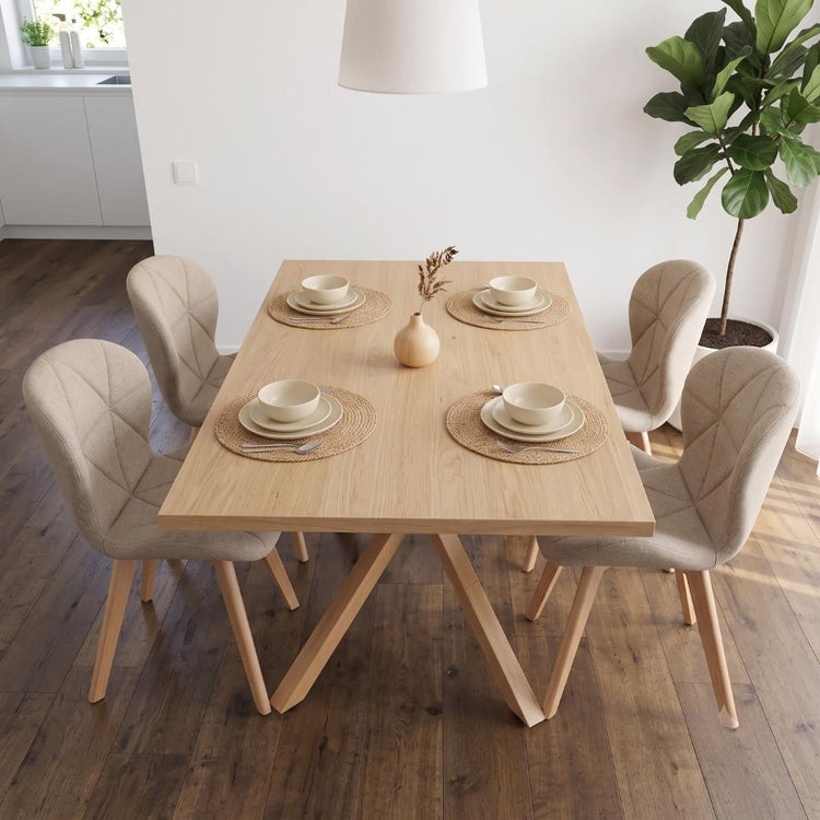 Comedor Mesa Greta Wood 140x90 + 4 Sillón Rubik Lino Beige