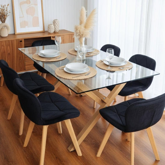 Comedor Moderno Mesa Xinia 140x90 + 6 Sillones Rubik Velvet Negro