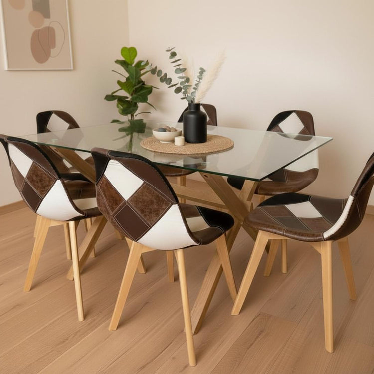 Comedor Mesa Xinia 140x90 + 6 Silla Patchwork Da Vinci | Ecocuero Café
