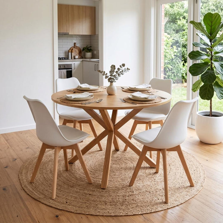 Comedor Mesa Redonda Equiz Wood 100cm | Base X + 4 Sillas Tulip Blancas