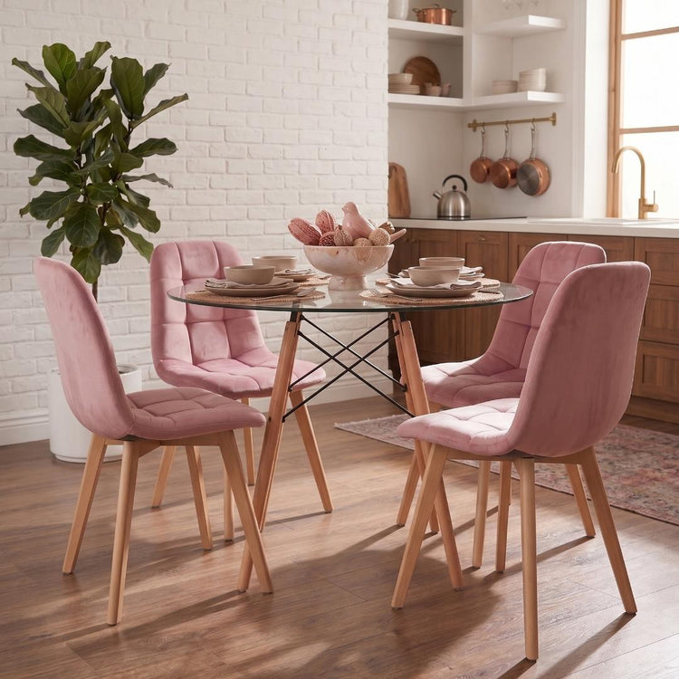 Comedor Mesa Redonda Elida 100cm + 4 Sillón Vorak Velvet Rosada