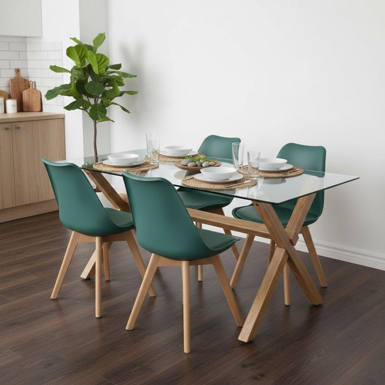 Comedor Moderno Mesa Xinia 130X80 + 4 Sillas Tulip Verde Esmeralda