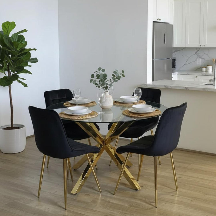Comedor Mesa Equiz 100cm (Patas X Dorada) + 4 Sillas Kena Negro (Pata dorada)
