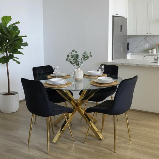 Comedor Mesa Equiz 100cm (Patas X Dorada) + 4 Sillas Kena Negro (Pata dorada)