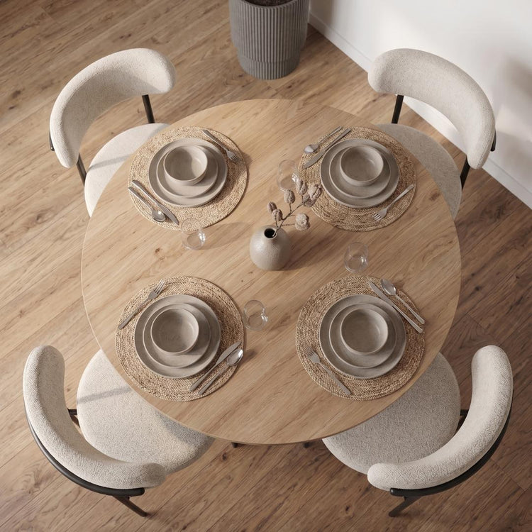 Comedor Mesa Redonda Equiz 100cm Madera | Base X Negro + 4 Sillas Makena Beige