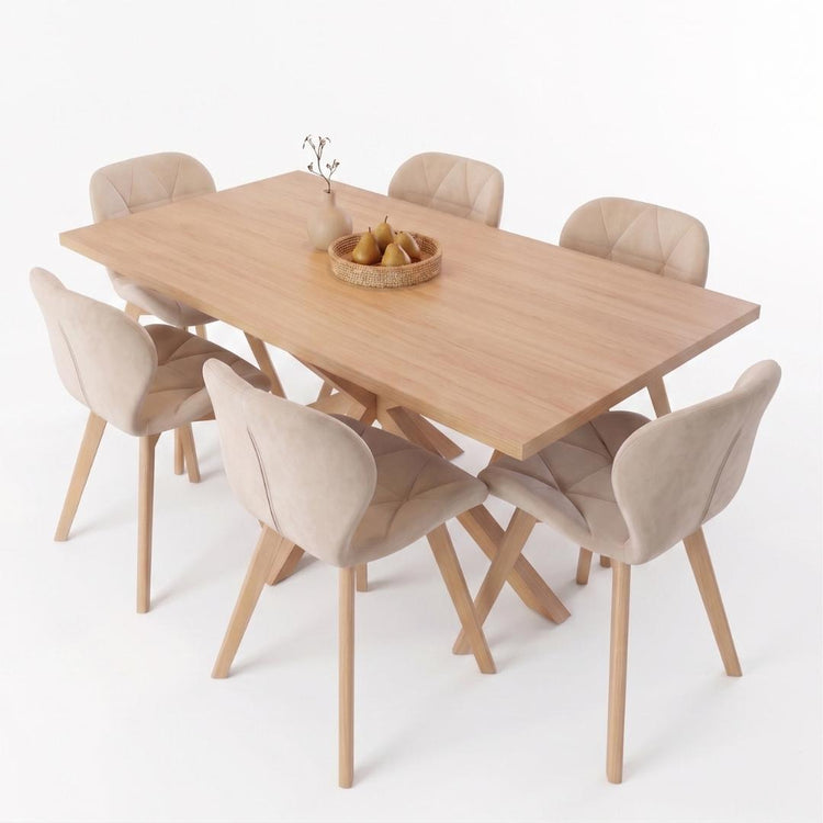 Comedor Mesa Greta Wood 160x90 + 6 Sillón Rubik Velvet Beige