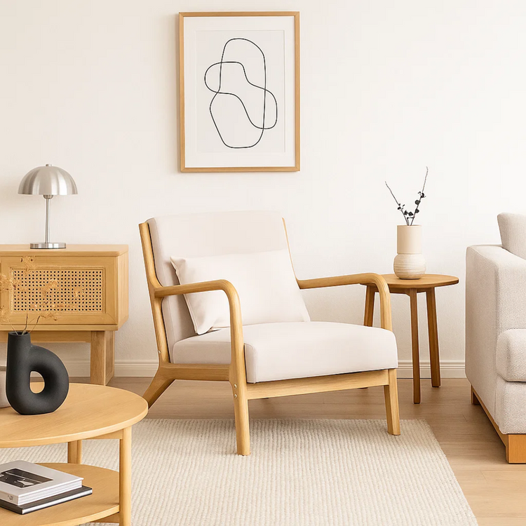 Sillón Andrea Tela Beige | Madera Natural
