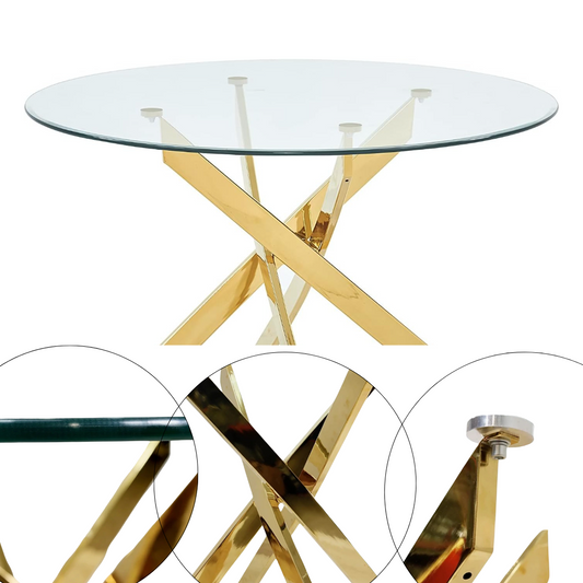 Mesa Comedor Redonda Alison | Base Dorada | Vidrio Templado