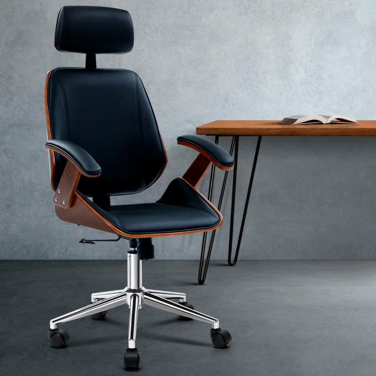 Silla Ejecutiva Ergo | Cuero Negro | Apoyabrazos de Madera y Reposacabezas Ajustable