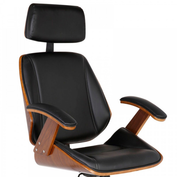 Silla Ejecutiva Ergo | Cuero Negro | Apoyabrazos de Madera y Reposacabezas Ajustable