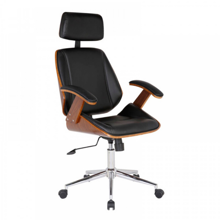 Silla Ejecutiva Ergo | Cuero Negro | Apoyabrazos de Madera y Reposacabezas Ajustable