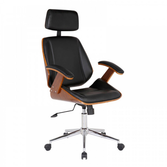 Silla Ejecutiva Ergo | Cuero Negro | Apoyabrazos de Madera y Reposacabezas Ajustable
