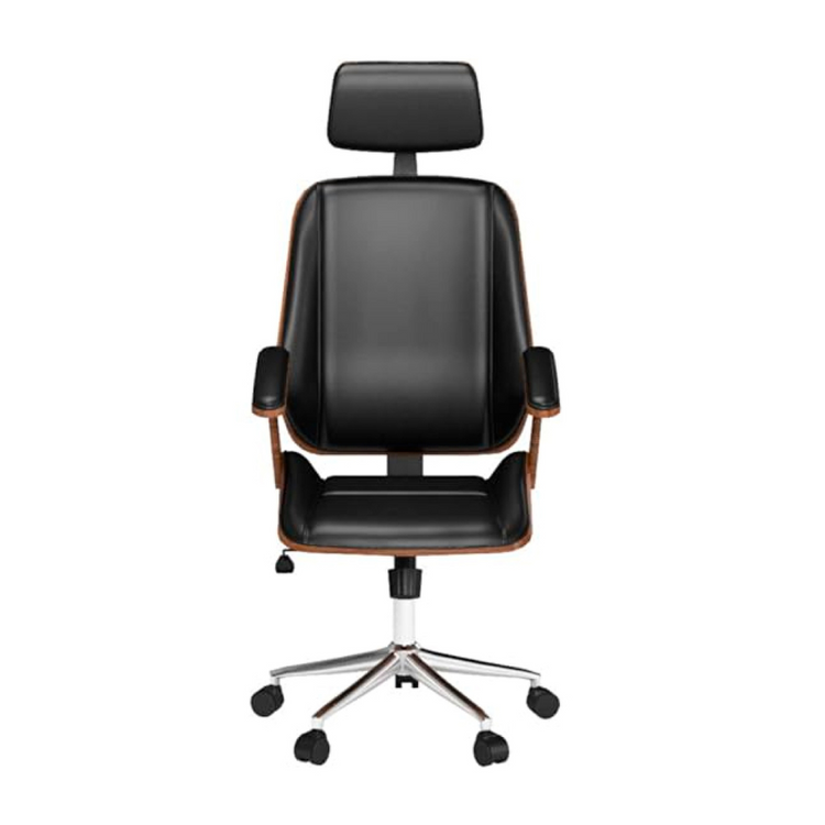 Silla Ejecutiva Ergo | Cuero Negro | Apoyabrazos de Madera y Reposacabezas Ajustable