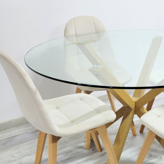 Comedor  Mesa Redonda Equiz 120cm + 4 Sillas Vorak Beige | Elegante |