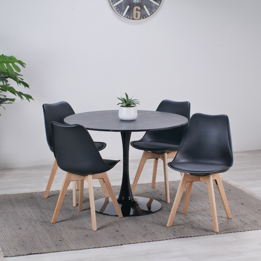 Comedor Mesa Tulip Redonda 100cm  Negra + 4 Sillas Tulip Negras