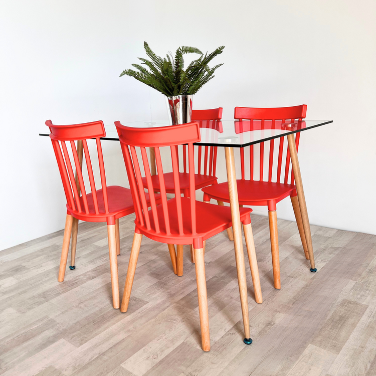 Comedor Mesa Vitreo 120x80 + 4 Sillas Windsor Rojas