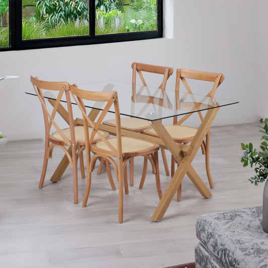 Comedor Mesa Xinia 140X90 + 4 Sillas Crossback | Madera & Rattan