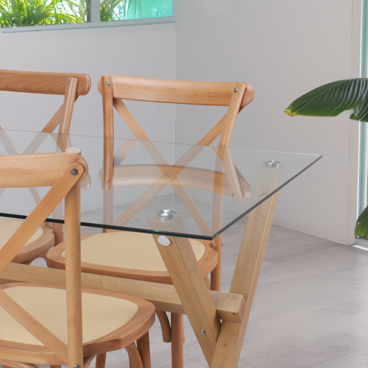 Comedor Mesa Xinia 140X90 + 4 Sillas Crossback | Madera & Rattan