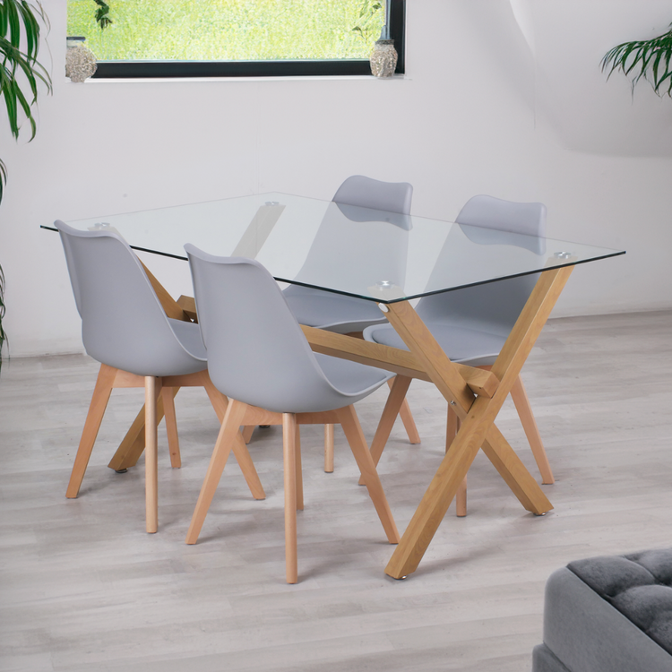 Comedor Moderno Mesa Xinia 140X90 + 4 Sillas Tulip Gris