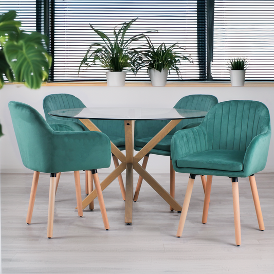Comedor Mesa Redonda Equiz 120cm + 4 Butacas Almer Verde Esmeralda